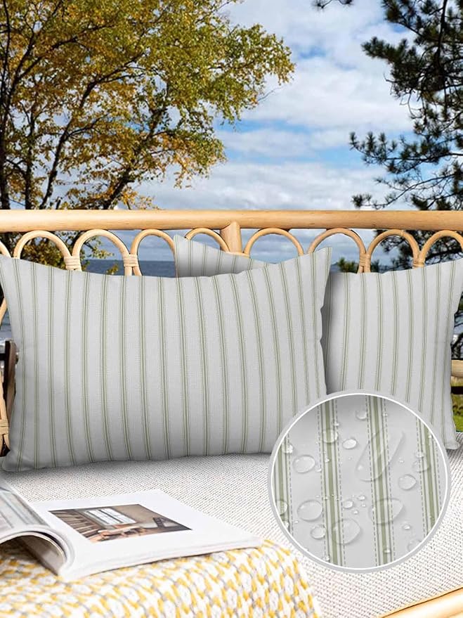 Outdoor Waterproof Throw Pillow Covers Set of 2 Sage Green Stripes Lumbar Pillowcases 20x12 Inches Vertical Striped Patio Decorative Pillows Cushion Case Patio Pillows for Couch Bed Chair Garden