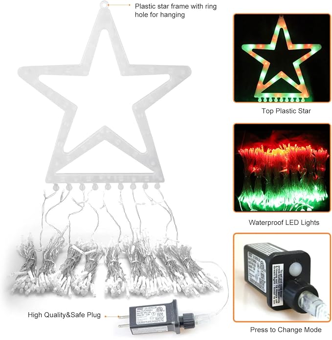 Christmas Decorations, Outdoor Christmas Lights, 320 LED Outdoor Christmas Tree String Lights with 12" Star Toppers [8 Modes& Waterproof] for Xmas New Year Holiday Decor (Red & Green)