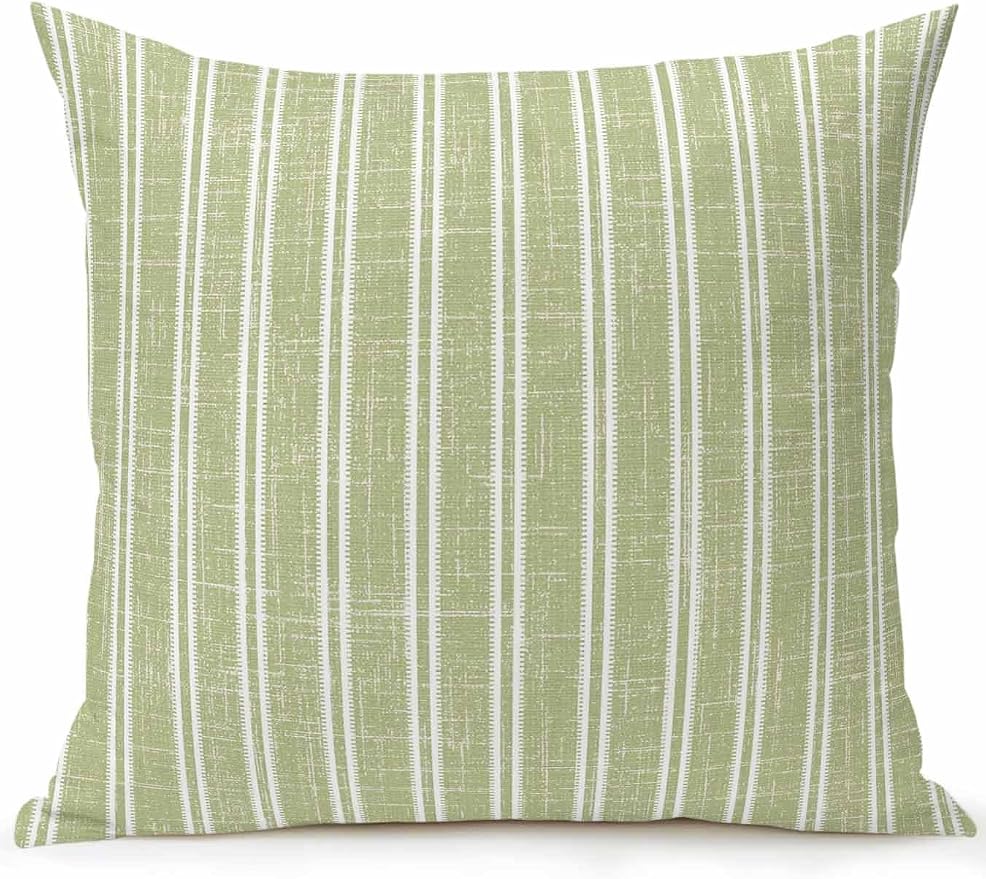 Waterproof Outdoor Pillow 1 Pack Sage Green Linen Striped Decorative Throw Pillows Cover & Insert 18x18 Inch Pillowcase Vertical Stripes Lines Pillows for Couch Sofa Bed Patio Furniture Indoor Outdoor