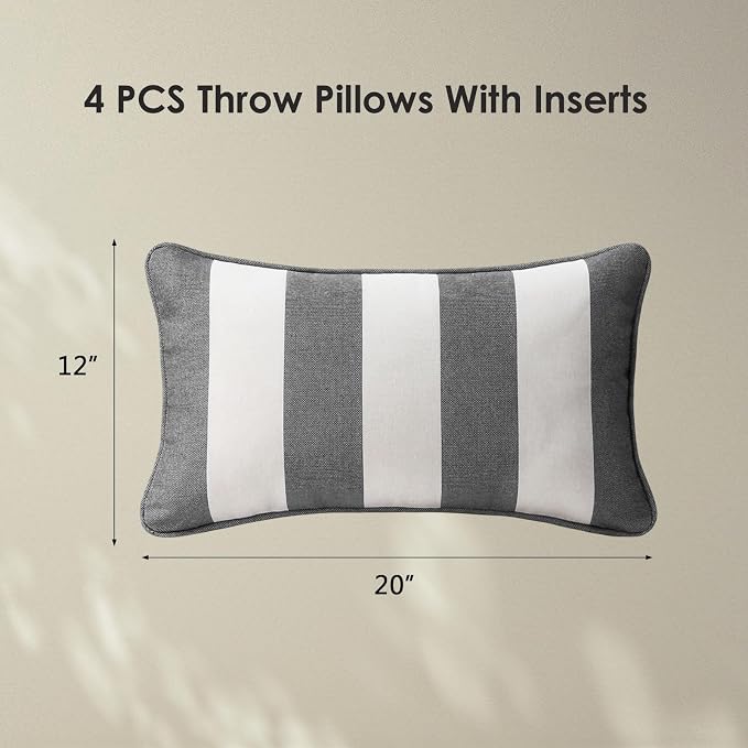 Unimatta Decorative Outdoor Water Repellent Throw Pillows with Inserts, Set of 4, 20" x12" Pillows for Patio, Backyard, Bed, Couch, and Patio Furniture, Gray Stripe