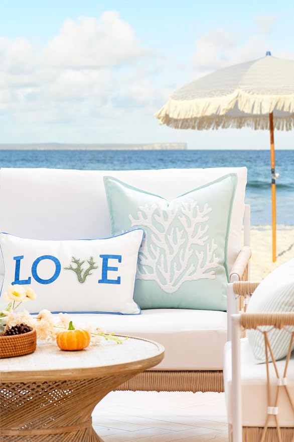 Hofdeco Premium Christams Coastal Patio Indoor Outdoor Lumbar Pillow Cover Only, 12"x20" Water Repellent for Backyard, Couch, Cornflower Blue Embroidered Love
