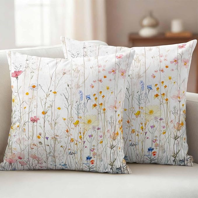 Vintage Flowers Waterproof Outdoor Pillow Covers 24''x24'' Set of 2, Botanical Patio Furniture Spring Cushion Covers for Chairs, Decorative Watercolor Wildflowers Pillow Cases for Garden/Pool/Beach