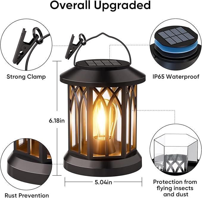 Solar Lanterns Outdoor Waterproof 4-Pack: Hanging Lantern Accent Warm Light | Hang & Clip for Patio Table, Ip65 Waterproof, Auto On/Off, Lasts 12-15h Glow, High-Capacity Battery, Warm Ambiance, No Wiring