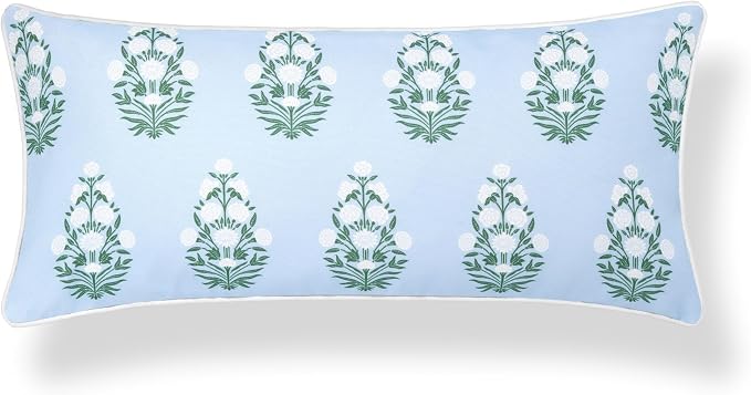 Hofdeco Premium Coastal Grandmillennial Patio Indoor Outdoor Lumbar Pillow Cover Only, 12"x26" Water Repellent for Backyard, Couch, Poolside, Baby Blue Green Print Flower