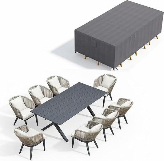 PURPLE LEAF 9 Pieces Patio Dining Set with Waterproof Furniture Cover Rectangular Table and Chairs Set for Garden Deck Aluminum Frame Backyard Kitchen Set, Cushions and Pillows Included Taupe