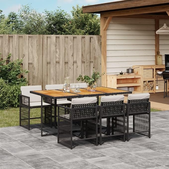 7 Piece Outdoor Dining Set for 6 with Acacia Wood and Poly Rattan, Black and Cream White, Foldable Patio Furniture with Removable Cushion Covers