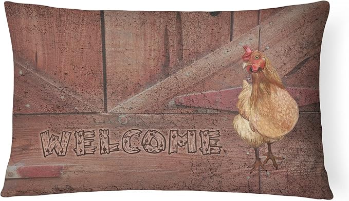 Caroline's Treasures SB3075PW1216 Welcome Chicken Canvas Fabric Decorative Pillow 100% Machine Washable Pillow, Indoor or Outdoor Decorative Throw Pillow for Couch, Bed or Patio