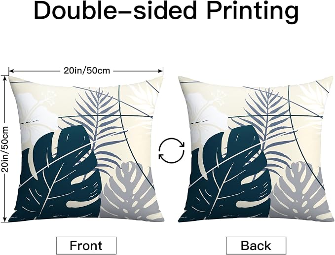 OTOSTAR Outdoor Waterproof Throw Pillow Covers 20x20 Inch Set of 2 Double-Sided Dark Blue Grey Tropical Leaf and Flower Spring Summer Decorative Pillow Cases for Patio Funiture Garden Balcony Couch