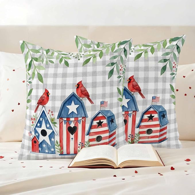 American Flag Bird House Outdoor Pillow Covers Waterproof, All Weather Cushion Case Set of 2, Green Eucalyptus Grey Plaid 250th Decorative Pillowcases for Sofa Couch Bed Decor Patio Furniture 16"x16"