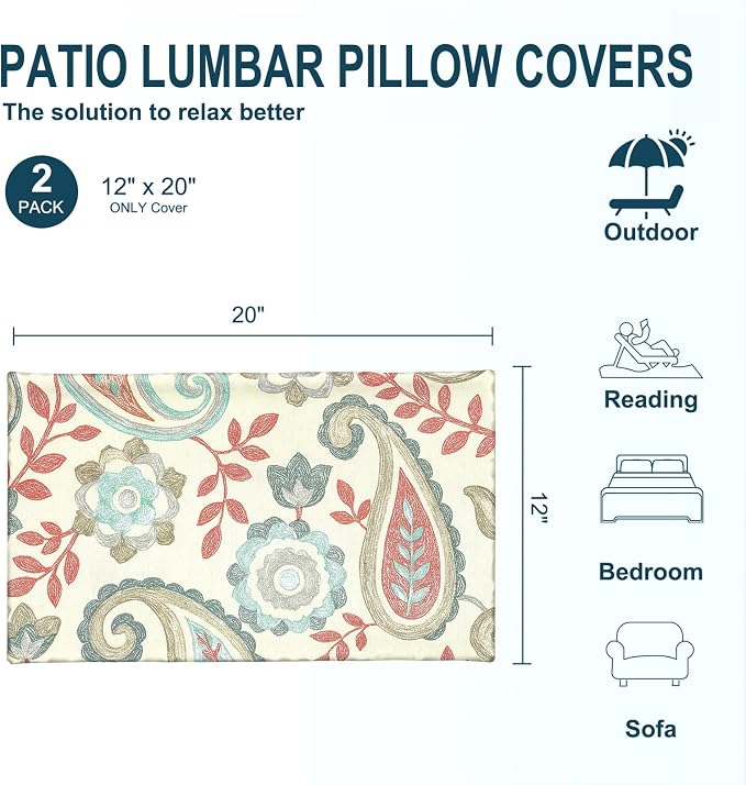 DYTXIII Pack of 2 Outdoor Waterproof Lumbar Pillow Covers ONLY, 12x20 Rectangle Decorative Double Printed Pillow Cases for Patio Couch Porch Furniture - Paisley Vintage