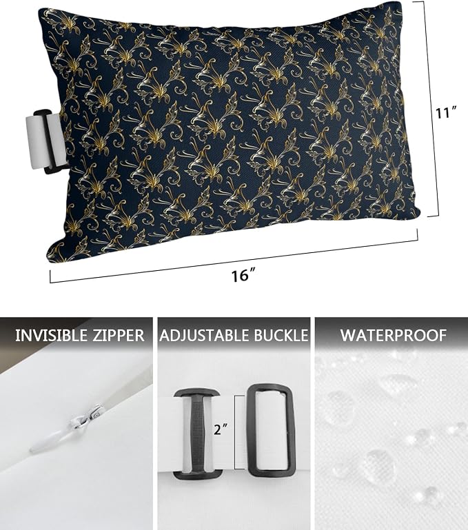 Outdoor Pillows Covers with Inserts Gold Gradient Floral Leaves Black Waterproof Recliner Pillow with Adjustable Strap Throw Pillows for Patio Furniture Pool Lounge Chair, 11x16 inch, 2PCS
