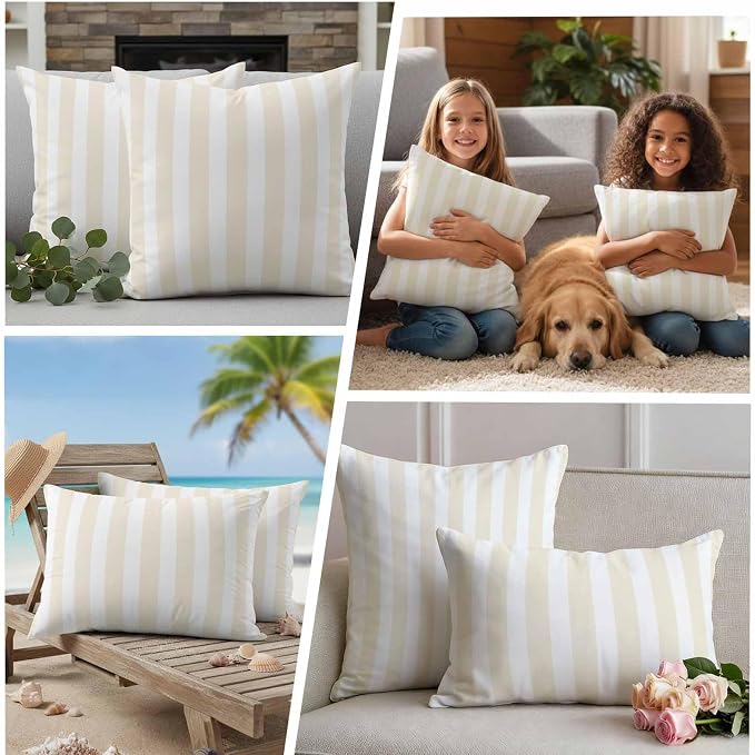 Cream Striped Outdoor Waterproof Throw Pillow Covers 18x18 Set of 2, Modern Farmhouse Cream White Stripes Decorative Pillowcases Cushion Pillowcase for Couch Sofa Patio Outside Pillow Protector