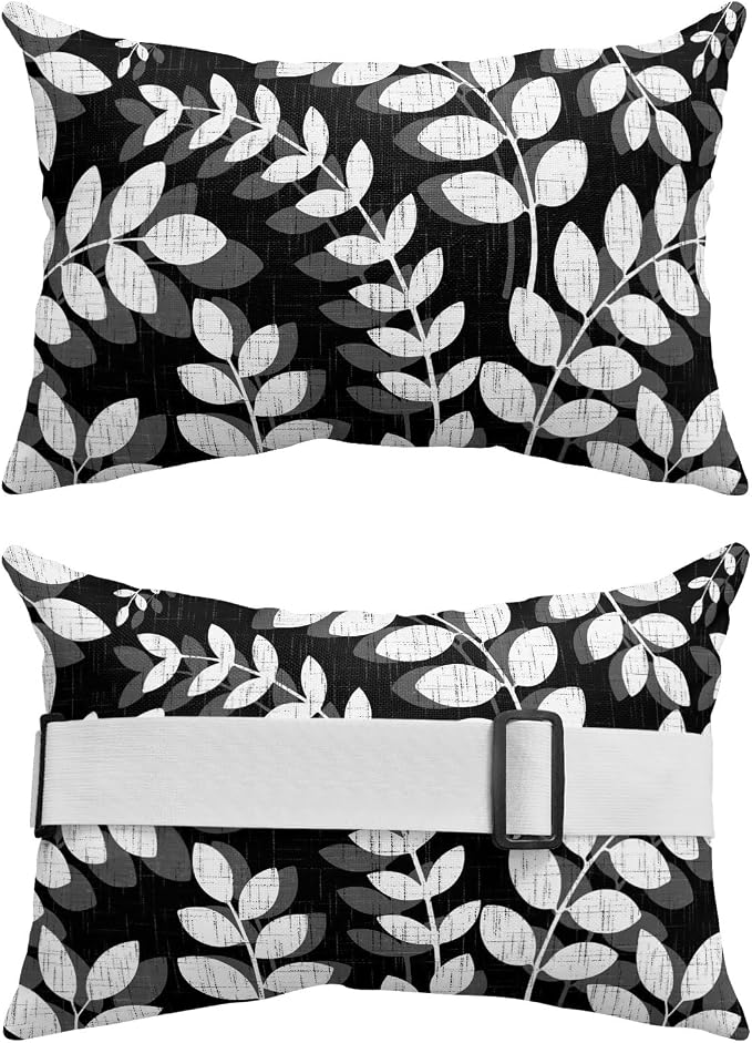 Chaise Lounge Headrest Pillow 2 Pack, Black Leaves Waterproof Chair Pillows with Insert & Adjustable Elastic Strap for Beach Recliner, Farmhouse Botanical Leaf Branch Vintage Modern Outdoor Pillow