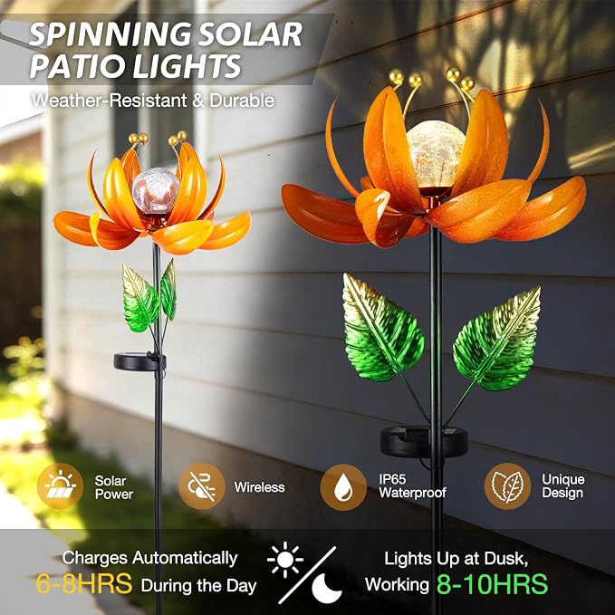 AIINY Outdoor Solar Lights Garden Decor,Wind Spinner Yard Decorations for Outside, Lotus Garden Windmill with LED Cracked Crystal Waterproof Flower Sculpture for Patio Lawn Gardening Gifts
