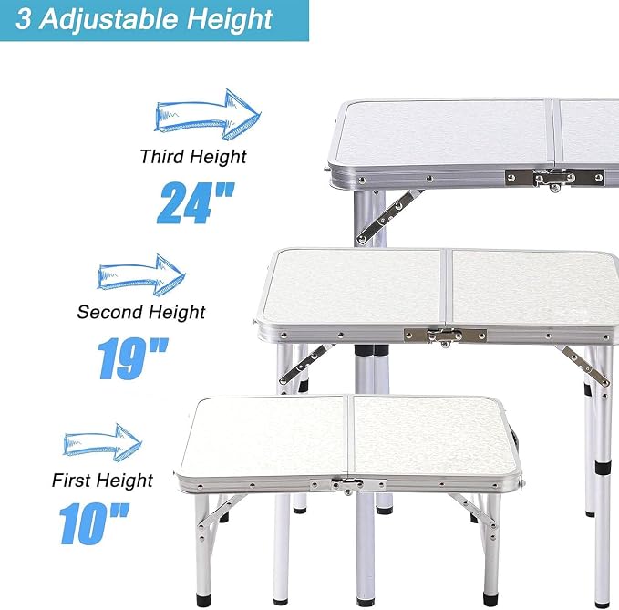 YUFIFAIRY Small Folding Table Portable, 24''L x16''W Foldable Camp Table with 3 Adjustable Height, Indoor Outdoor Lightweight Aluminum for Outdoor Cooking Picnic, (3 Heights)