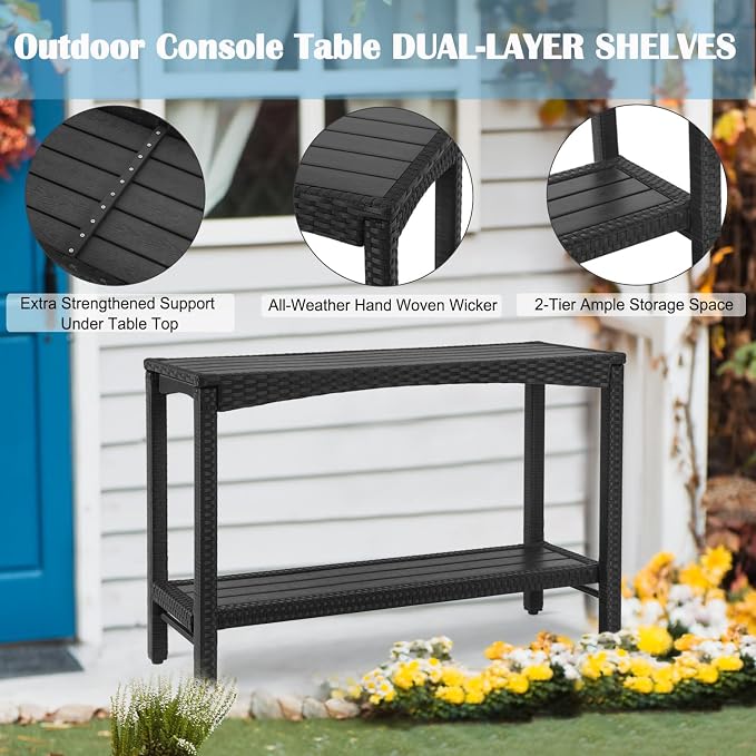 Outdoor Console Table Patio Buffet Bar Storage Organizer 45" Long Wicker Sofa Serving Sideboard Table 2-Shelf Outdoor Narrow Bar Table Tall Rectangle with Adjustable Feet for Entryway Black