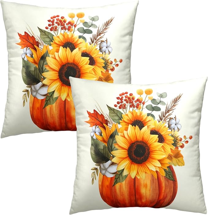 Fall Sunflower Pumpkin Pillow Cover Set of 2-22x22 Inch Autumn Flower Floral Harvest Seasonal Decorative Sofa Couch Cushion Case for Porch Patio Outdoor Indoor Home Decor