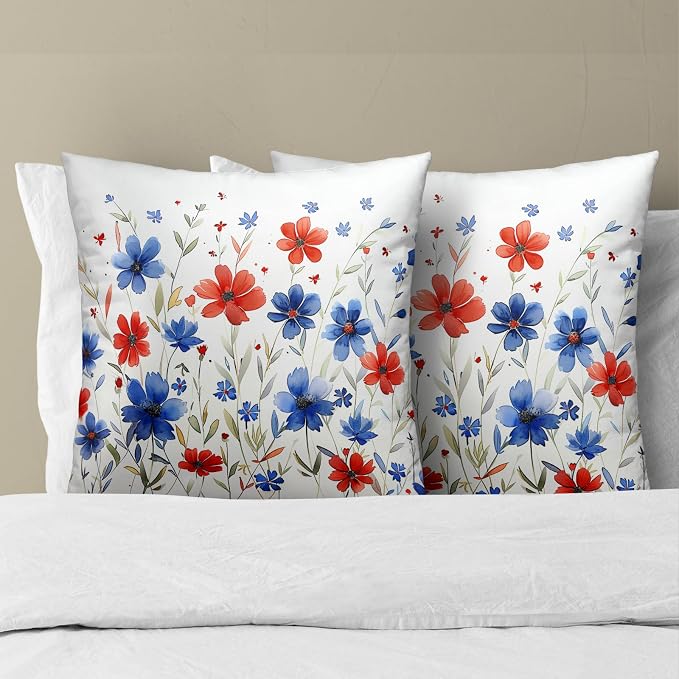 4th of July Pillow Covers 20x20 Set of 2 - Watercolor Flower Poppy Patriotic Decorative Square Cushion Cover Soft Cotton Linen Pillowcase for Couch Bed Sofa Room Decor