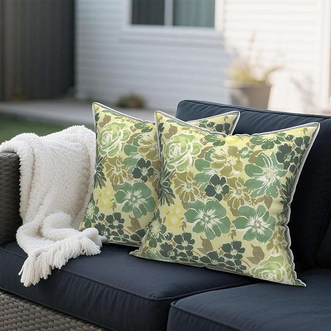 Outdoor Throw Pillows Inners, Fade Resistant Patio Furniture Square Pillows with Piping Set of 2 for Patio Furniture, 18x18 Inch, Green Rose