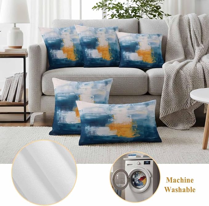Blue Yellow Outdoor Waterproof Throw Pillow Covers Set of 2, 16"x16", Abstract Oil Painting Decorative Pillow Covers Outside Cushion Case for Patio Porch Garden