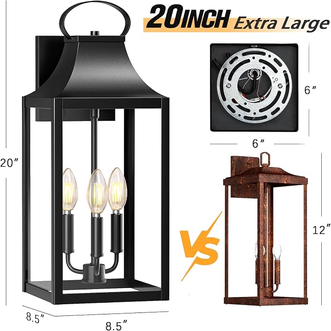 20" Extra Large Outdoor Wall Light, Black Exterior Lighting Fixtures | Waterproof Wall Mount Porch Lantern with 3-Light, Modern Outside Wall Sconce Garage Coach Light with Clear Glass, 1 Pack