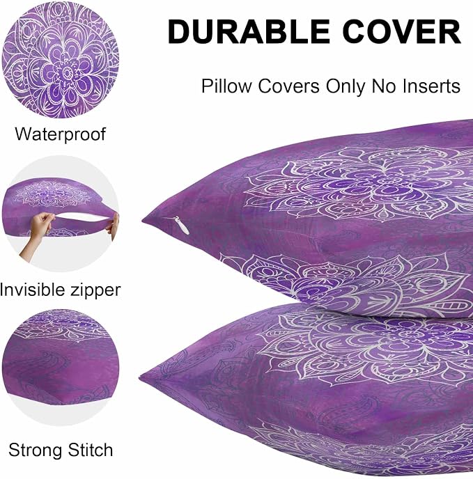 Vandarllin Outdoor Throw Pillows Covers 16x16 inch Set of 2 Waterproof Purple Boho Floral Decorative Zippered Cushion Covers for Patio Furniture, Bohemian Flower Lumbar Pillowcases