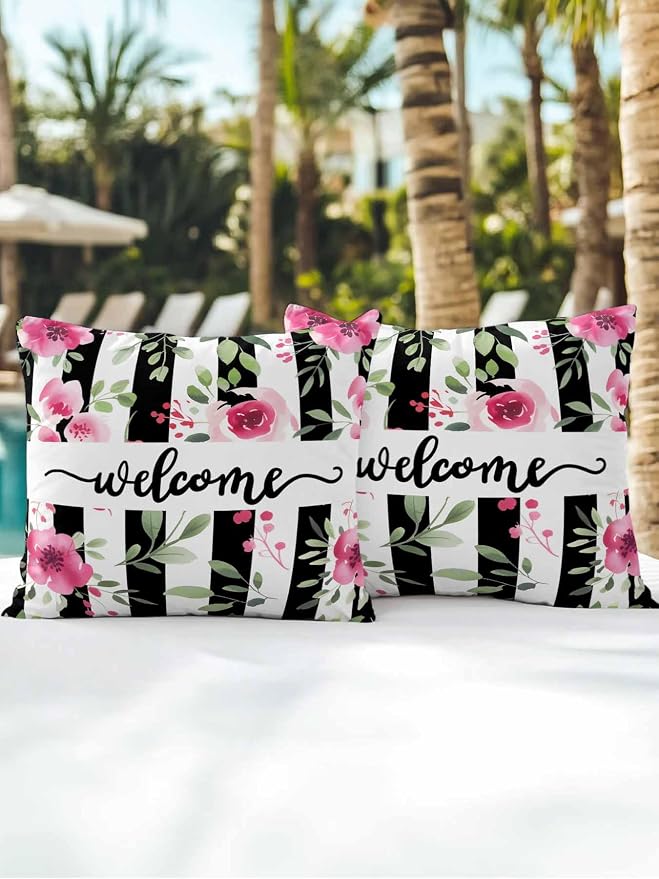 Outdoor Waterproof Throw Pillows Welcome Words Pink Flowers Patio Pillows Pack of 2,Decorative Pillow Covers with Insert,Pillow Cushion Case for Garden Couch Sofa Country Black Line