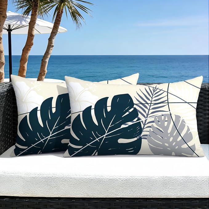OTOSTAR Outdoor Waterproof Throw Pillow Covers 12x20 Inch Set of 2 Double-Sided Dark Blue Grey Tropical Leaf and Flower Spring Summer Decorative Pillow Cases for Patio Funiture Garden Balcony Couch