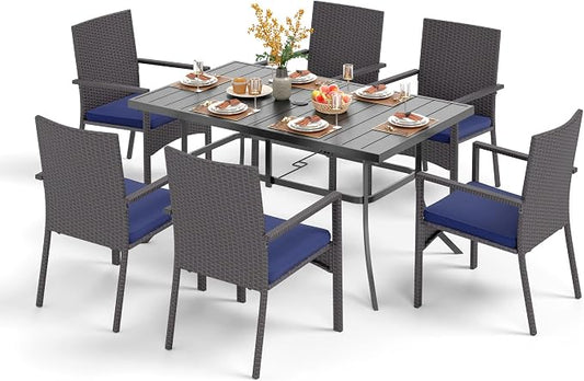 PHI VILLA 7 Piece Patio Dining Set, 60” Rectangular Table, Rattan Chairs | Outdoor Dining Set for 6, Metal Dining Table with Umbrella Hole, Wicker Chairs with Cushions for Patio, Deck, Porch