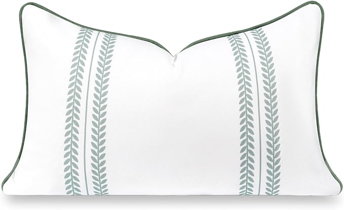 Hofdeco Premium Coastal Grandmillennial Patio Indoor Outdoor Lumbar Pillow Cover Only, 12"x20" Water Repellent for Backyard, Couch, Poolside, Celadon Green Print Leaf Striped