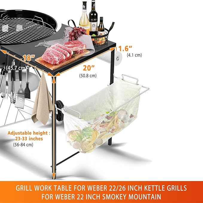 Grill Side Table for Weber Kettle 22/26, for Weber Smokey Mountain 22 Grill, Grill Work Table for Weber Master Touch, Premium, Kettle Grill Accessories, Adjustable Height Charcoal Kettle Grill Table