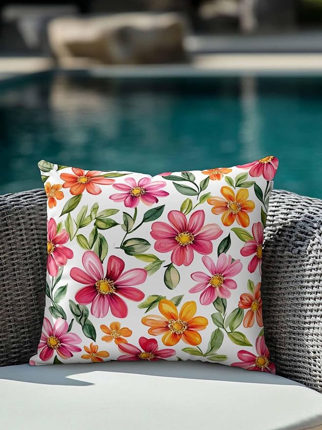 Outdoor Waterproof Throw Pillows Spring Watercolor Wild Flower Patio Pillows,Decorative Pillow Covers with Insert,Pillow Cushion Case for Garden Couch Sofa Country Small Pink Flower