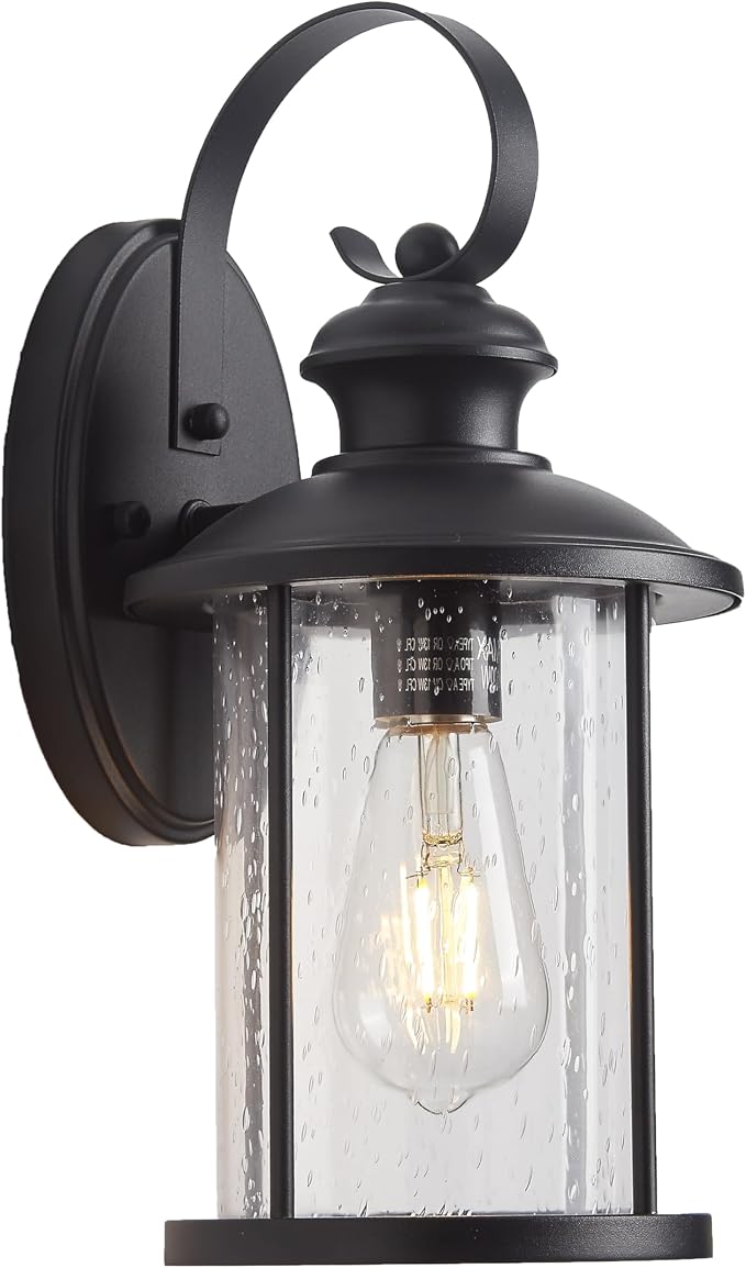 MICSIU 13.75" Matte Black Farmhouse Outdoor Wall 1 Pack | Clear Seedy Glass, Anti-Rust, Outside Porch Light For House, Porch, Garage, Front Door