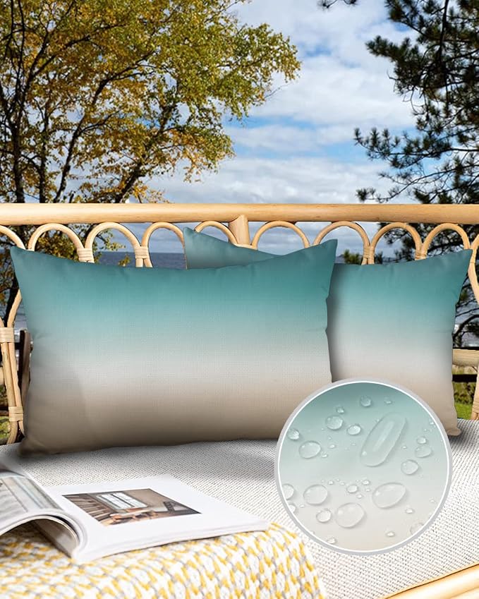 Outdoor Pillow Covers Waterproof Teal Beige Ombre Cream All Weather Cushion Case Set of 2, Modern Turquoise Abstract Art Aesthetics Lumbar Pillowcase for Sofa Couch Bed Decor Patio Furniture 20"x12"