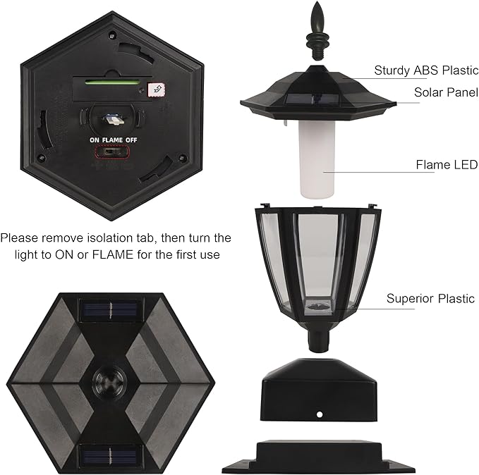 Dynaming Solar Flame Post Lights Outdoor, Solar Powered Lamps Fence Post Cap Lights, Flickering Flame LED Lantern Decorative Waterproof for Garden Deck Patio, Fit 4x4, 5x5 or 6x6 Wooden Posts, 2 Pack
