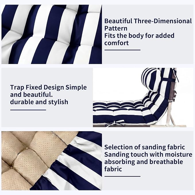 Tudomro Outdoor Chaise Lounge Cushion 66x21x4'' Waterproof & Fade-Resistant Patio Pool Chaise Lounge Cushion Headrest Pillow Tie Replacement Rocking High Back Chair(Navy Blue, White Stripe,1 Pcs)