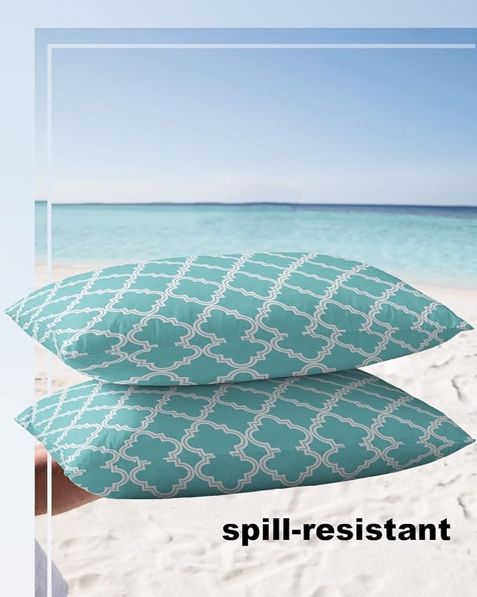 Outdoor Waterproof Pillow Covers for Patio Moroccan Pattern Decorative Throw Pillow Cover Geometric Trellis Cyan Blue Pillowcases Set of 2 Cushion Case for Sofa Couch Chair Home Decor 20x12 inch