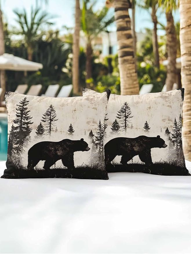 Outdoor Waterproof Throw Pillows Forest Brown Bear Silhouette Patio Pillows Pack of 2,Decorative Pillow Covers with Insert,Pillow Cushion Case for Garden Couch Sofa Minimalist Modern Art