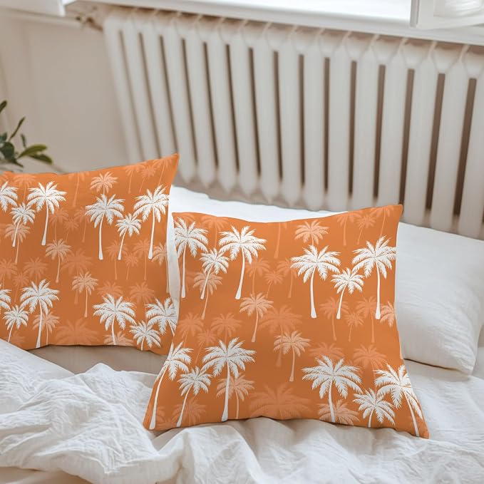 Throw Pillow Covers 16x16 Inch Set of 2, Tropical Palm Tree Waterproof Outdoor Pillow Covers, Orange White Plants Coastal Leaf Beach Decorative Cushion Pillowcases for Couch, Sofa, Bed, Garden, Patio