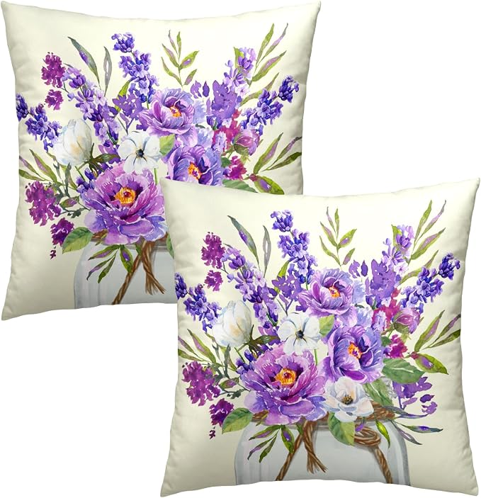 Lavender Flowers Throw Pillow Case 20x20 Set of 2 Purple Blooming Floral Rustic Farmhouse Cotton Linen Square Cushion Cover Decorative Pillowcase for HOM Office Couch Sofa Chair