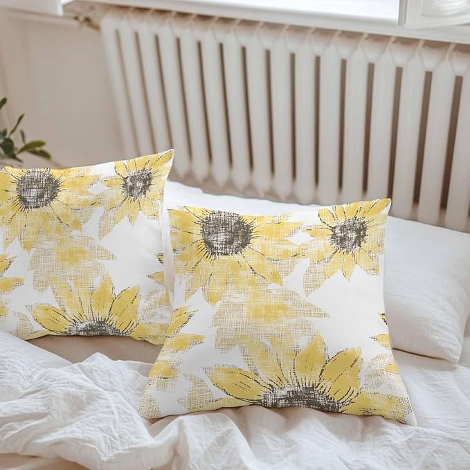 Vandarllin Outdoor Throw Pillows Covers 26x26 inch Set of 2 Waterproof Yellow Sunflower Decorative Zippered Cushion Covers for Patio Furniture, Flower Field Lumbar Pillowcases