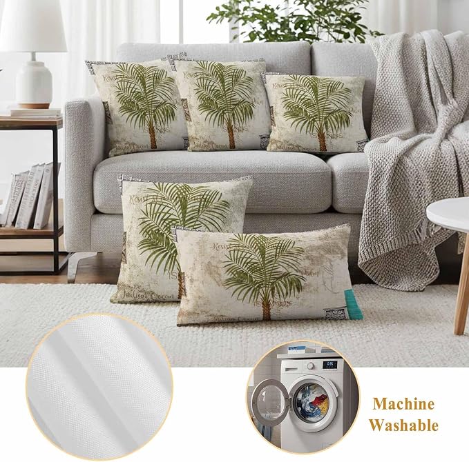 Vintage Palm Trees Waterproof Outdoor Pillow Covers 20''x12'' Set of 2, Beige Burlap Patio Furniture Summer Botanical Cushion Covers for Chairs, Decorative Tropical Pillow Cases for Garden/Pool/Beach