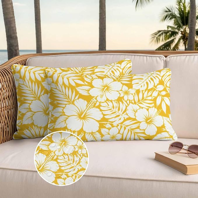 Yellow Hibiscus Flowers Waterproof Outdoor Pillow Covers Set of 2 Home Decor, Tropical Monstera Leaves Lumbar Pillowcase Patio Pillow Covers for Couch Bench Patio Furniture Garden 20x12in