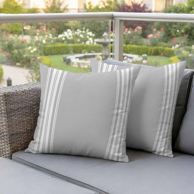 Outdoor Pillow Covers 20x20 Set of 2 Grey Stripes Outdoor Pillows Waterproof Throw Pillow Covers French Stripe Farmhouse Style Pillowcases Decorative Case for Patio Cushion
