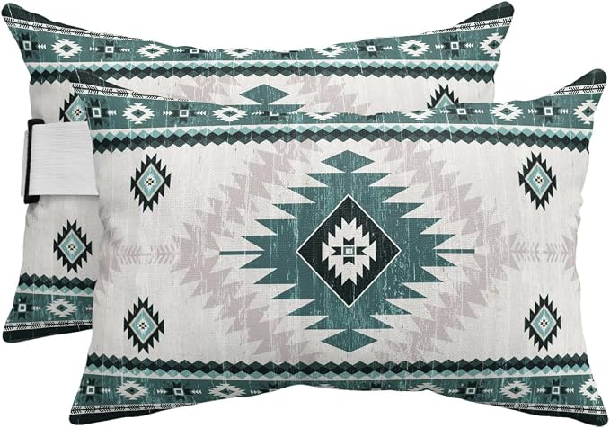 Outdoor Pillows Waterproof Covers Set of 2, Green Bohemian Adjustable Elastic Chaise Lounge Headrest Pillow Covers, Aztec Boho Tribal Decorative Lumbar Pillow for Pool Patio Furniture 20x12 Inch
