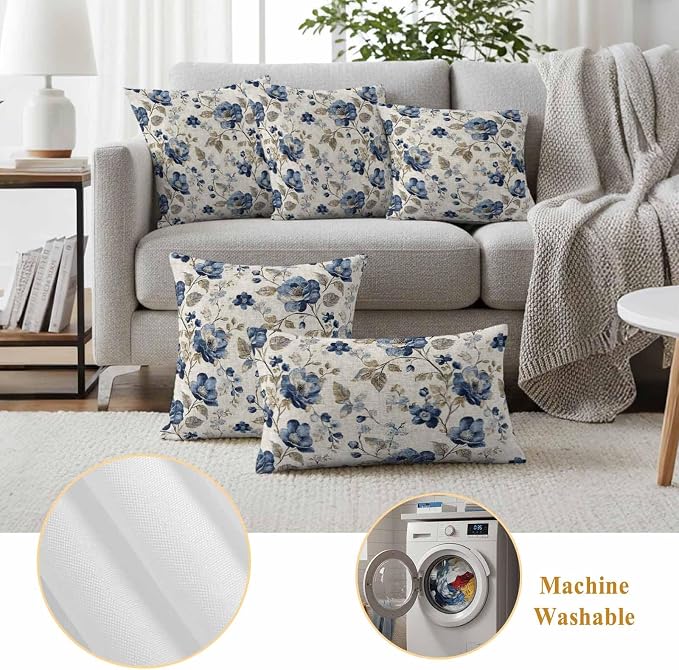 Blue Gray Waterproof Outdoor Pillow Covers 26''x26'' Set of 2, Vintage Botanical Patio Furniture Spring Florals Cushion Covers for Chairs, Decorative Farmhouse Pillow Cases for Garden/Pool/Beach