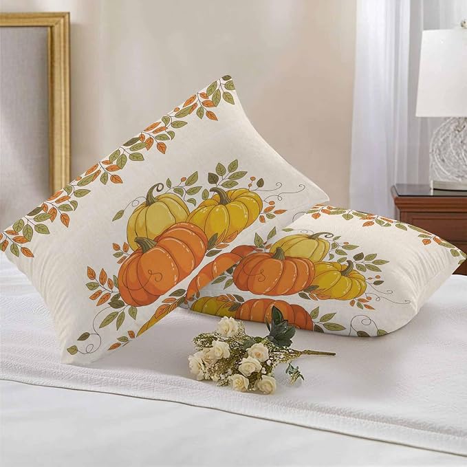 Orange Pumpkins Outdoor Waterproof Pillow Covers, Fall Yellow Leaves Vintage Beige Rustic Decorative Rectangle Throw Pillowcase Sofa Cushion Sham for Patio/Couch/Chair, 20"x12" 2 Pack