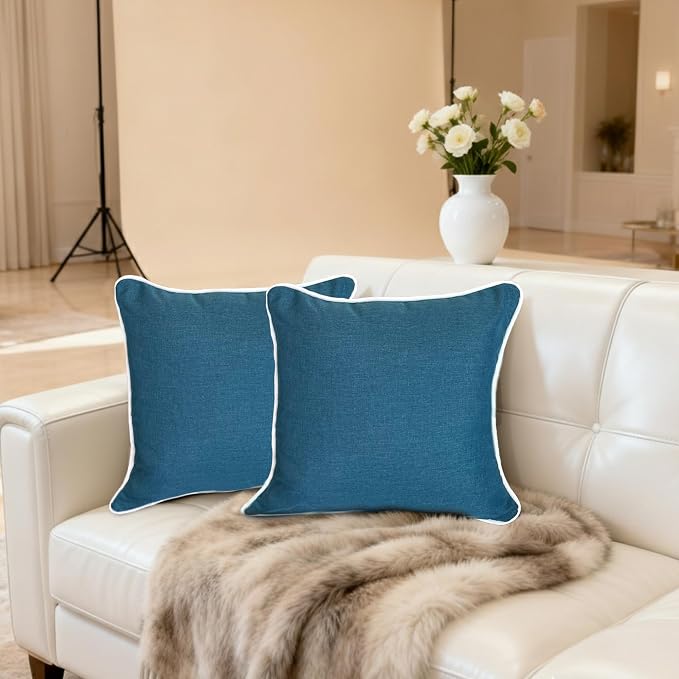 HER HWA Outdoor Pillow Covers White Piping 18"x18" Set of 2, Lake Blue | durable fade-resistant water-resistant 100% polyester white piping smooth zipper machine washable for indoor outdoor décor