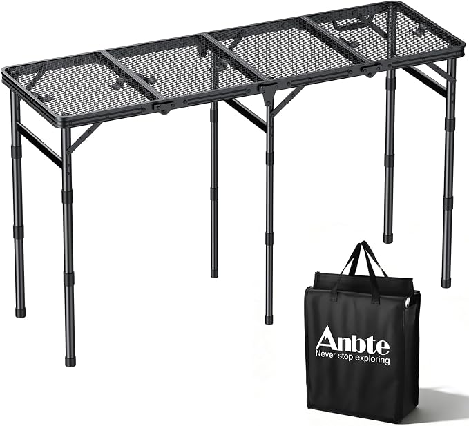 Anbte 4 ft 4-Fold Portable Grill Table, 3 Adjustable Height Max 27.5" | Aluminum, Heat-Resistant Mesh Tabletop, Portable Handle, Waterproof, for Outdoor Cooking Patio BBQ Picnic, Black