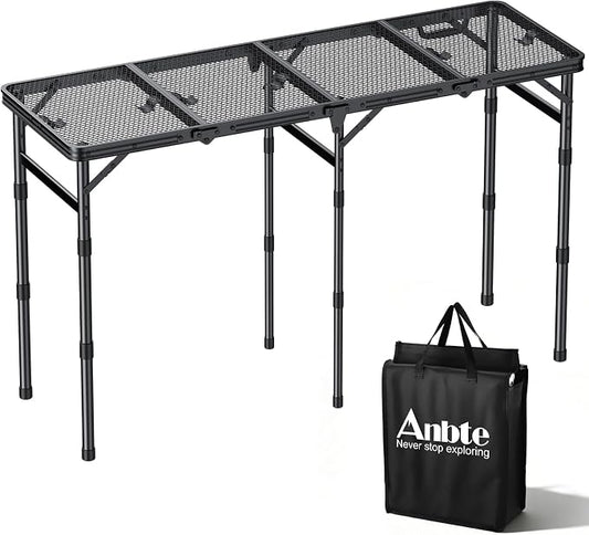Anbte 4 ft 4-Fold Portable Grill Table, 3 Adjustable Height Max 27.5" | Aluminum, Heat-Resistant Mesh Tabletop, Portable Handle, Waterproof, for Outdoor Cooking Patio BBQ Picnic, Black